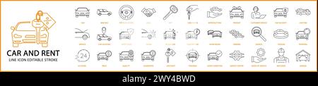Car Rent icons. Car rent line icons. Car rent icon set. Vector illustration. Editable stroke. Stock Vector