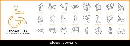 Dissability icons. Dissability icon set. Dissability line icons. Vector illustration. Editable stroke. Stock Vector