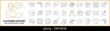 Customer support icons. Customer support icon set. Customer support line icons. Vector illustration. Editable stroke. Stock Vector