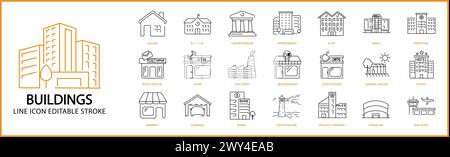 Building line icons. Building set icon. Building icon set. Vector illustration. Editable stroke. Stock Vector