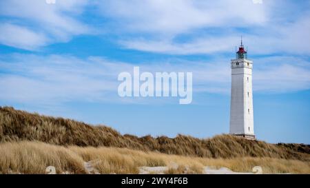 Lighthouse of blavant on evergrown dunes on a sunny day with a partly clouded blue sky Stock Photo