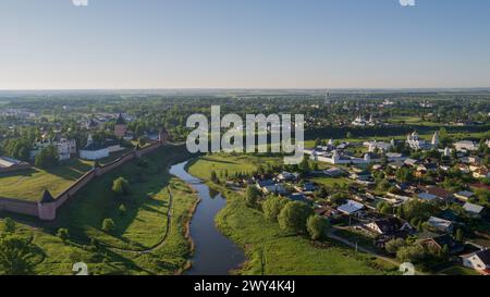 Panoramic aerial view of ancient city Suzdal. Golden ring of Russia, Aerial drone photo.  Stock Photo