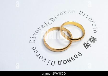 Divorce concept: wedding rings surrounded by the word divorce written in various languages Stock Photo