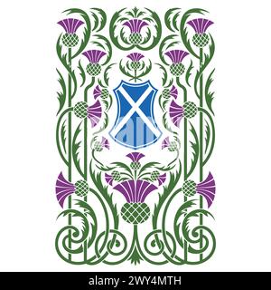 Celtic plant ornamentation. Intertwined thistle leaves and flowers. Heraldic shield, symbol of Scotland Stock Vector