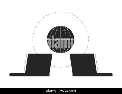 Global data transfer laptops black and white 2D line cartoon object Stock Vector