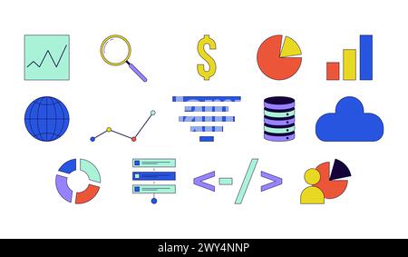 Analytics database management 2D linear cartoon objects set Stock Vector