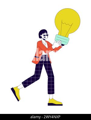 Excited businesswoman holding lightbulb 2D linear cartoon character Stock Vector