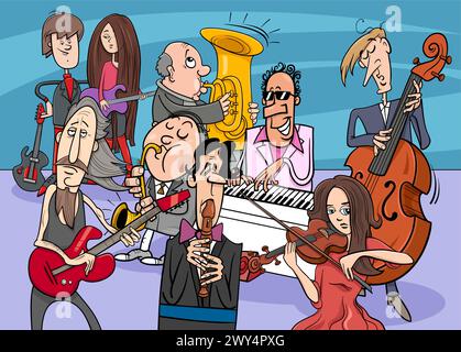 Cartoon illustration of musicians group or musical band with comic characters Stock Vector