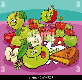 cartoon illustration of funny green and red apples and apple pie and milk Stock Vector