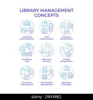 Library management blue gradient concept icons Stock Vector