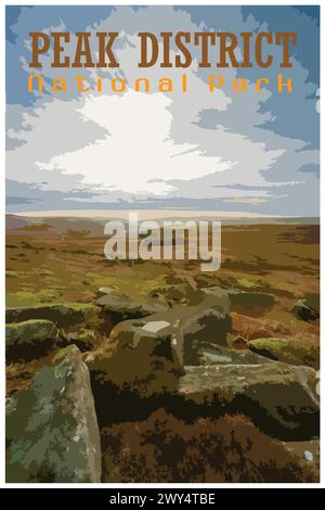 Stanage Edge millstones, Derbyshire nostalgic retro travel poster concept of the Peak District National Park, England, UK in the style of Work Project Stock Vector