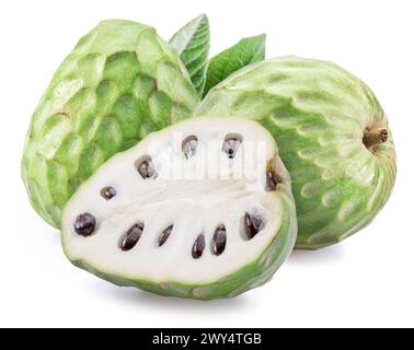 Custard apples or cherimoya fruits and slice of fruit isolated on white background. Stock Photo