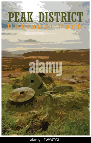 Stanage Edge millstones, Derbyshire nostalgic retro travel poster concept of the Peak District National Park, England, UK in the style of Work Project Stock Vector