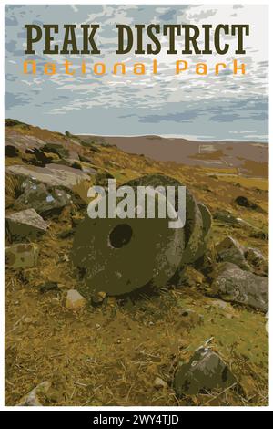 Stanage Edge millstones, Derbyshire nostalgic retro travel poster concept of the Peak District National Park, England, UK in the style of Work Project Stock Vector