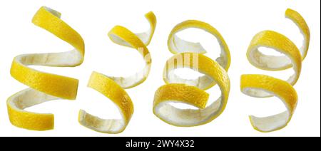 Set of lemon peels or lemon zests on white background. File contains clipping paths. Stock Photo