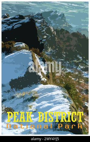 The Roaches, Staffordshire nostalgic retro winter travel poster concept of the Peak District National Park, England, UK in the style of Work Projects Stock Vector