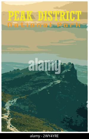 The Roaches, Staffordshire nostalgic retro winter travel poster concept of the Peak District National Park, England, UK in the style of Work Projects Stock Vector