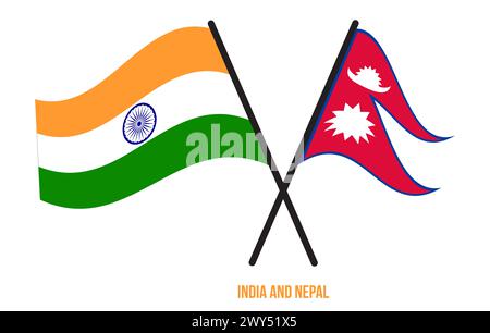 India and Nepal Flags Crossed And Waving Flat Style. Official Proportion. Correct Colors. Stock Photo