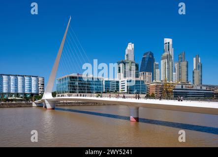 Buenos Aires, Argentina - The Puente de la Mujer (Women's Bridge) is located in the harbour of Puerto Madero, a new, chic port district. The bridge is Stock Photo