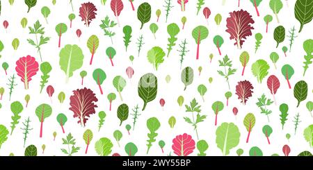 Mix of salad leaves. Cartoon set of green red raw leaves seamless pattern. Arugula, spinach, lettuce leaf, watercress. Organic vitamin ingredients for Stock Vector
