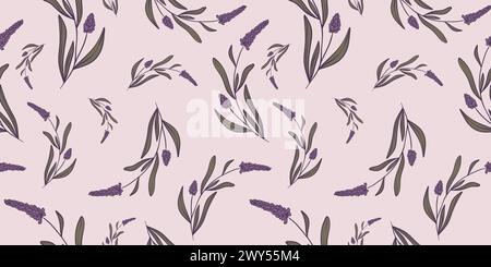 Seamless pattern with hand drawn flowers of lavender. Perfect for wallpaper, wrapping paper, textile products, print, web sites, background, social me Stock Vector