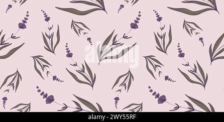 Seamless pattern with hand drawn flowers of lavender. Perfect for wallpaper, wrapping paper, textile products, print, web sites, background, social me Stock Vector