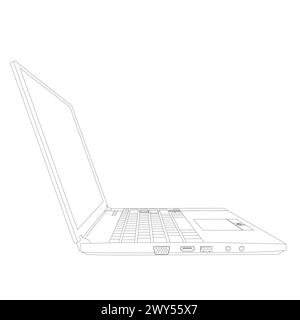 Contour of a laptop isolated on a white background. Vector illustration. 3D. Side view. Stock Vector