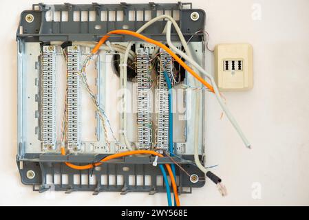 Cable junction box for connection of the computer to the internet and telephone, broken electricity, old network station Stock Photo