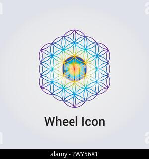 Wheel Icon Flower of Life Destiny Fate Logo Dharma Chakra Symbol Round Circle Infinity Vector Illustration Stock Vector