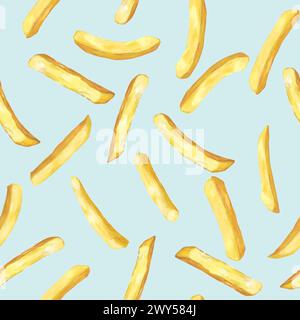 French fries. Seamless pattern with roasted potato chips in deep fat . Fry oil potatoes. Yellow sticks isolated on blue background. Fastfood. Unhealth Stock Vector
