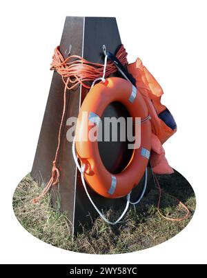Lifebuoy, vest and rope hanging on a plywood cone. Isolated on white Stock Photo