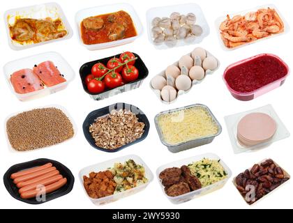 Various food from the store in plastic containers  set. Isolated on white Stock Photo