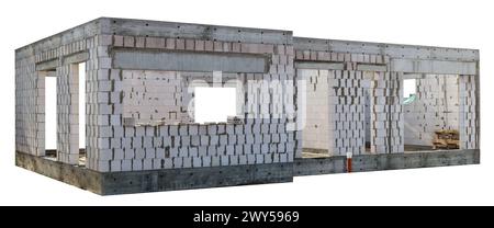 Unfinished construction of a bricks rural house. Isolated on white Stock Photo