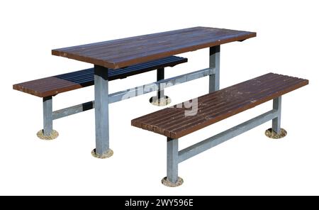 Shabby table and benches for barbecue in a public park. Isolated on white Stock Photo