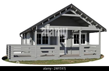 Simple standard farmhouse made of wooden planks. Isolated on white Stock Photo