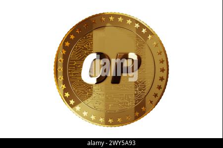 Optimism OP cryptocurrency isolated gold coin on green screen background. Abstract concept 3d illustration. Stock Photo