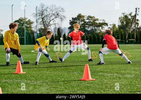 A group of young men running and jumping in a park while playing an intense game of frisbee on a sunny day. Stock Photo