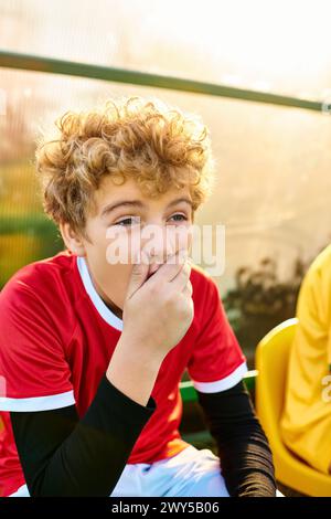 A young boy with a pensive expression sits on a bench, his hand gently placed on his mouth. Stock Photo