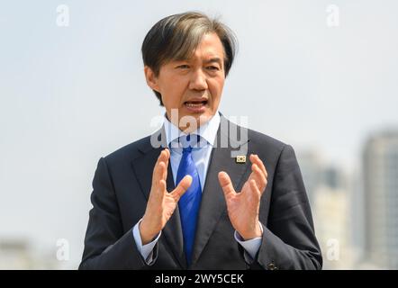 Seoul, South Korea. 04th Apr, 2024. Cho Kuk, leader of the Rebuilding Korea Party, speaks during a campaign rally for the upcoming parliamentary elections in Seoul. South Koreans will go to the polls on April 10 for the nationwide parliamentary election. Credit: SOPA Images Limited/Alamy Live News Stock Photo