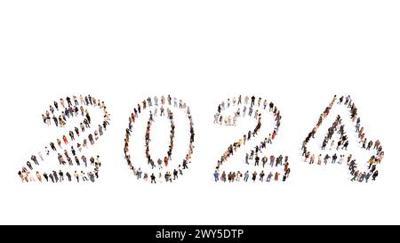 Concept or conceptual large community of people forming 2024 year. 3d illustration metaphor for celebration, festive, party, hope, future, prosperity, Stock Photo