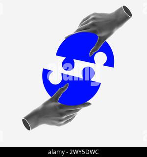 Human hands connecting puzzles symbolizing well-coordinated work in company. Collaborative effort and problem-solving. Contemporary art collage. Stock Photo