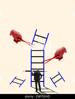 Man standing near ladder with hands cutting it from different sides. Contemporary art collage. Challenges and overcoming obstacles on career growth Stock Photo