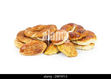Traditional Turkish pastry concept, pogaca , bagel, isolated on white background, famous bakery product Stock Photo