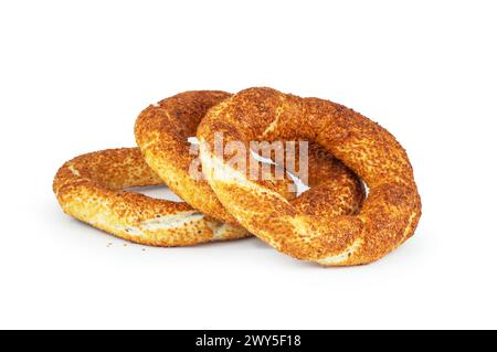 Turkish traditional bagel - simit with sesame isolated on white background, turkish breakfast pastry concept Stock Photo