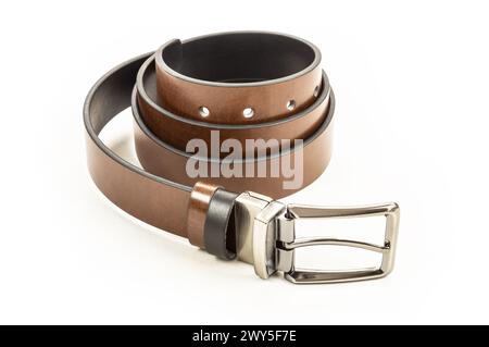 Fabric trousers faux leather black and brown belt isolated on white background, fashion style Stock Photo