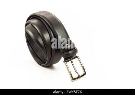 Fabric trousers faux leather black and brown belt isolated on white background, fashion style Stock Photo