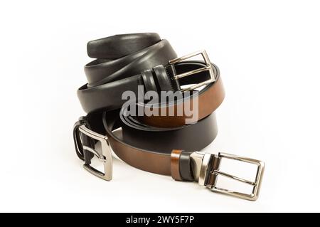 Fabric trousers faux leather black and brown belt isolated on white background, fashion style Stock Photo