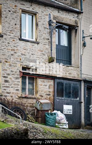 Pulley system hoist, or remnants of in some cases, are quirky features of some Settle (North Yorkshire) properties enabling lifting to the upper floor Stock Photo