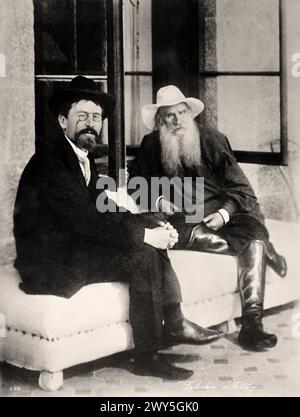 Anton CHEKHOV  (1860-1904) Russian writer  left and Leo TOLSTOY (1828-1910) Russian writer - Unknow photographer Stock Photo