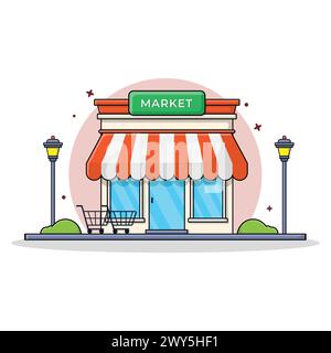 Cartoon Shop Building with Carts Vector Illustration Stock Vector